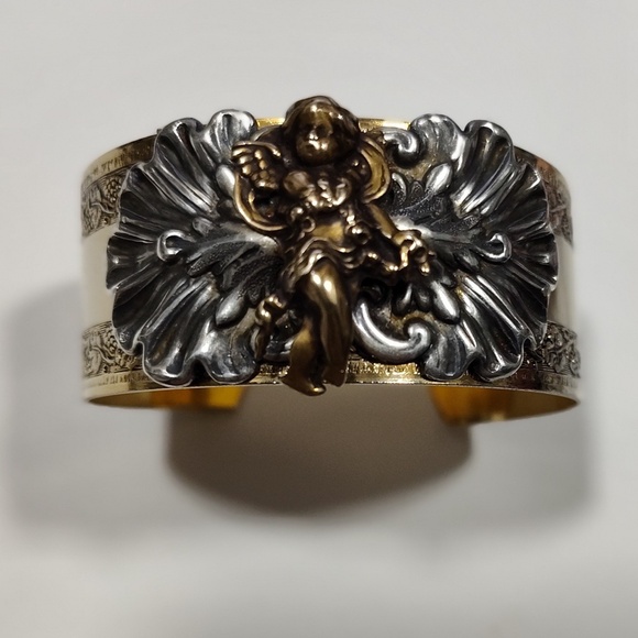 Vintage Sonja Lea Gold, Silver and Brass Tone Cherub Wide Cuff Ornate Bracelet - Picture 4 of 16